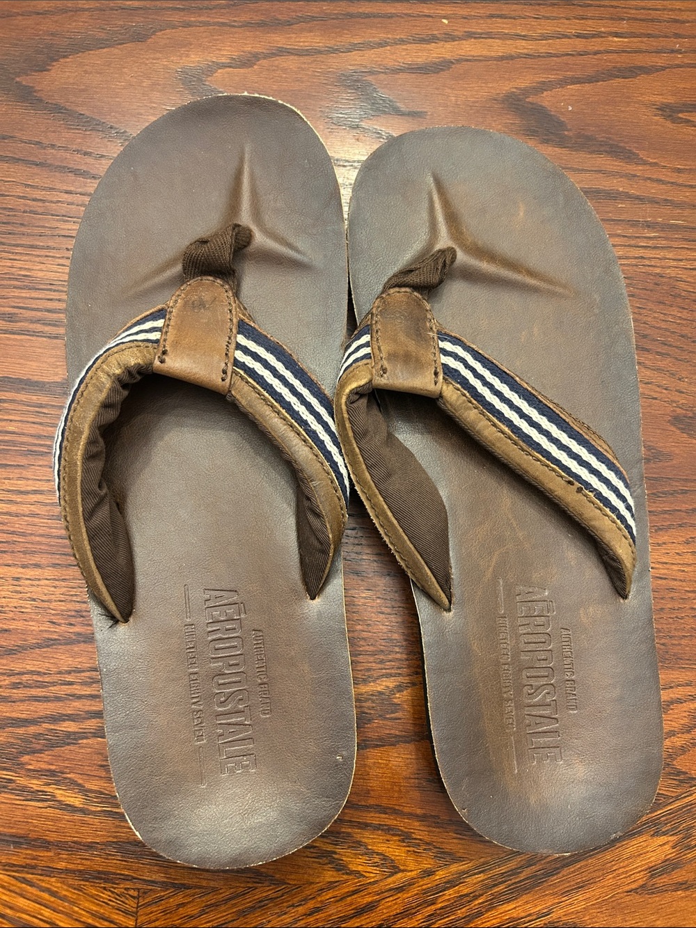 Aeropostale Brown Flip Flops with Navy & White Striped Straps